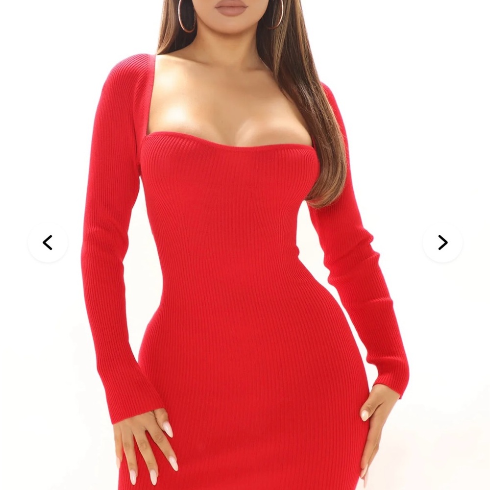 Fashion Nova Red Ribbed Long Sleeve Bodycon Dress